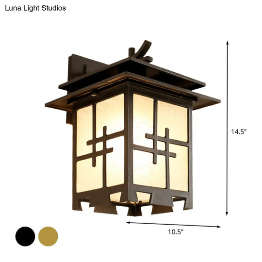 Farmhouse Outdoor Wall Lamp: 1-Light Sconce Fixture With Textured Glass Shade In Brass/Black