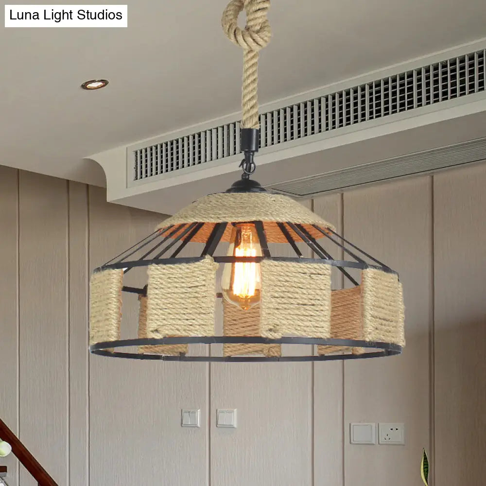 Beige Hanging Light Kit With Knots Cord - 1-Bulb Farmhouse Pendant Ceiling Lamp Rope Design