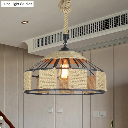 Beige Hanging Light Kit With Knots Cord - 1-Bulb Farmhouse Pendant Ceiling Lamp Rope Design