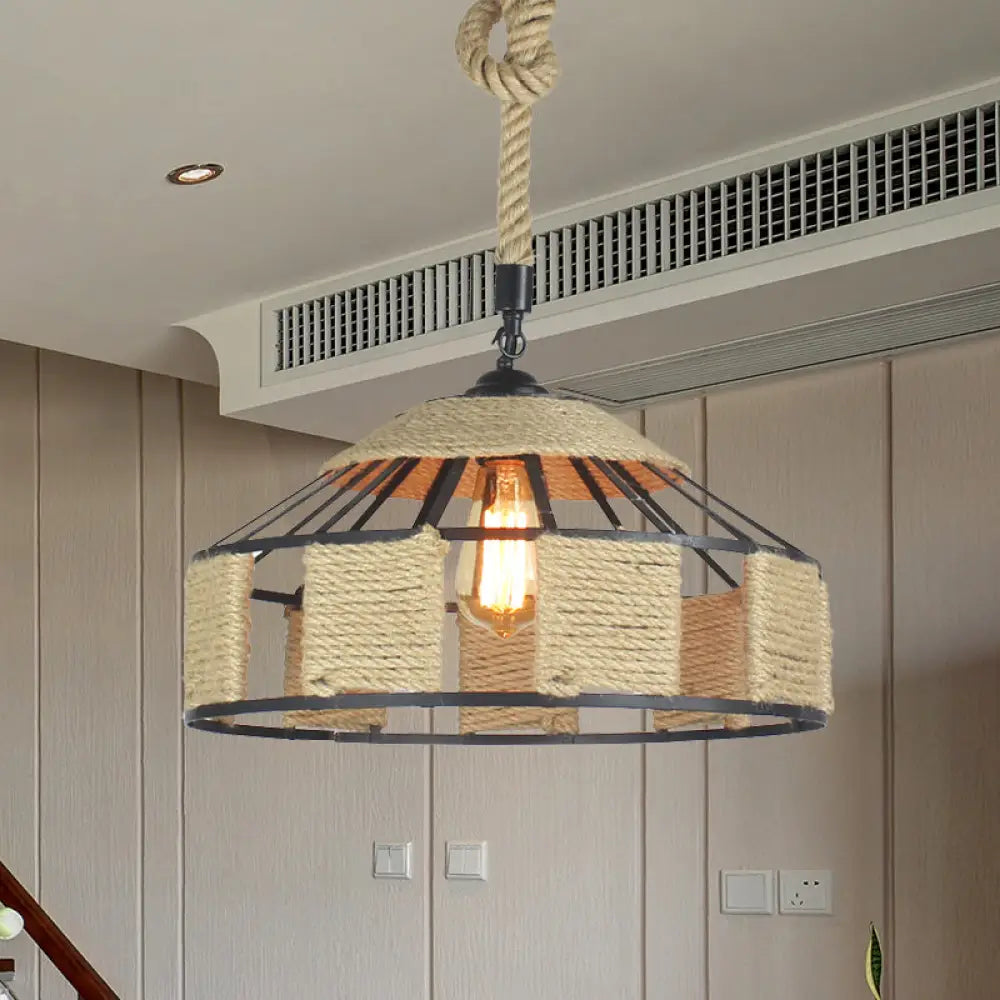 Farmhouse Pendant Ceiling Lamp - Beige Rope Hanging Light Kit For Mongolian Yurts With Knots Cord