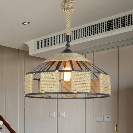 Farmhouse Pendant Ceiling Lamp - Beige Rope Hanging Light Kit For Mongolian Yurts With Knots Cord