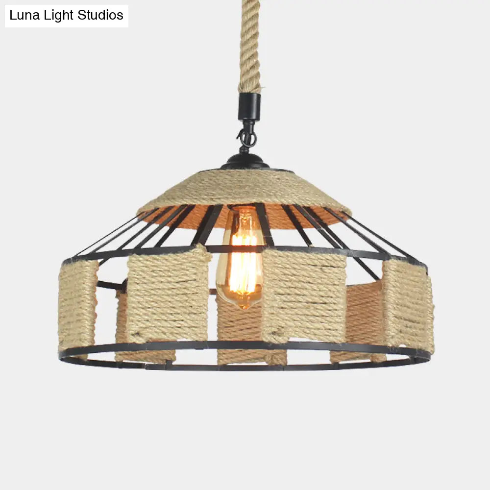 Farmhouse Pendant Ceiling Lamp - Beige Rope Hanging Light Kit For Mongolian Yurts With Knots Cord