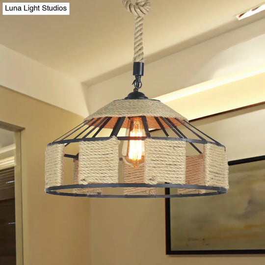 Beige Hanging Light Kit With Knots Cord - 1-Bulb Farmhouse Pendant Ceiling Lamp Rope Design