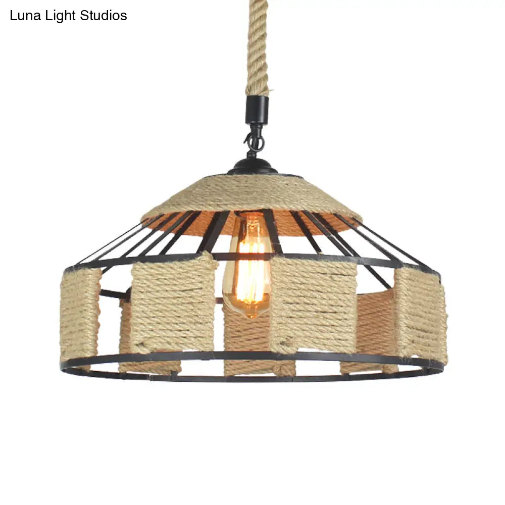 Farmhouse Pendant Ceiling Lamp - Beige Rope Hanging Light Kit For Mongolian Yurts With Knots Cord