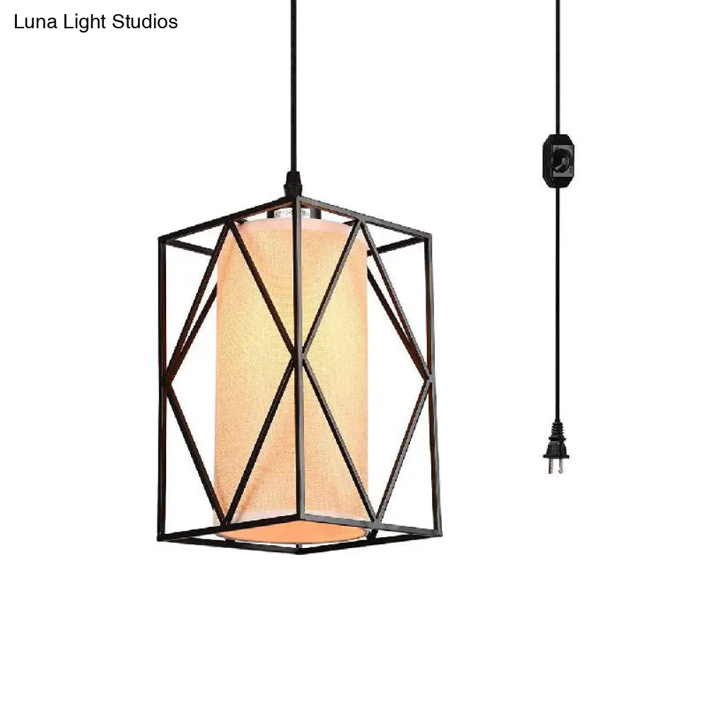 Farmhouse Pendant Ceiling Light: Black Cylinder With Clear Glass/Fabric Plug-In For Living Room