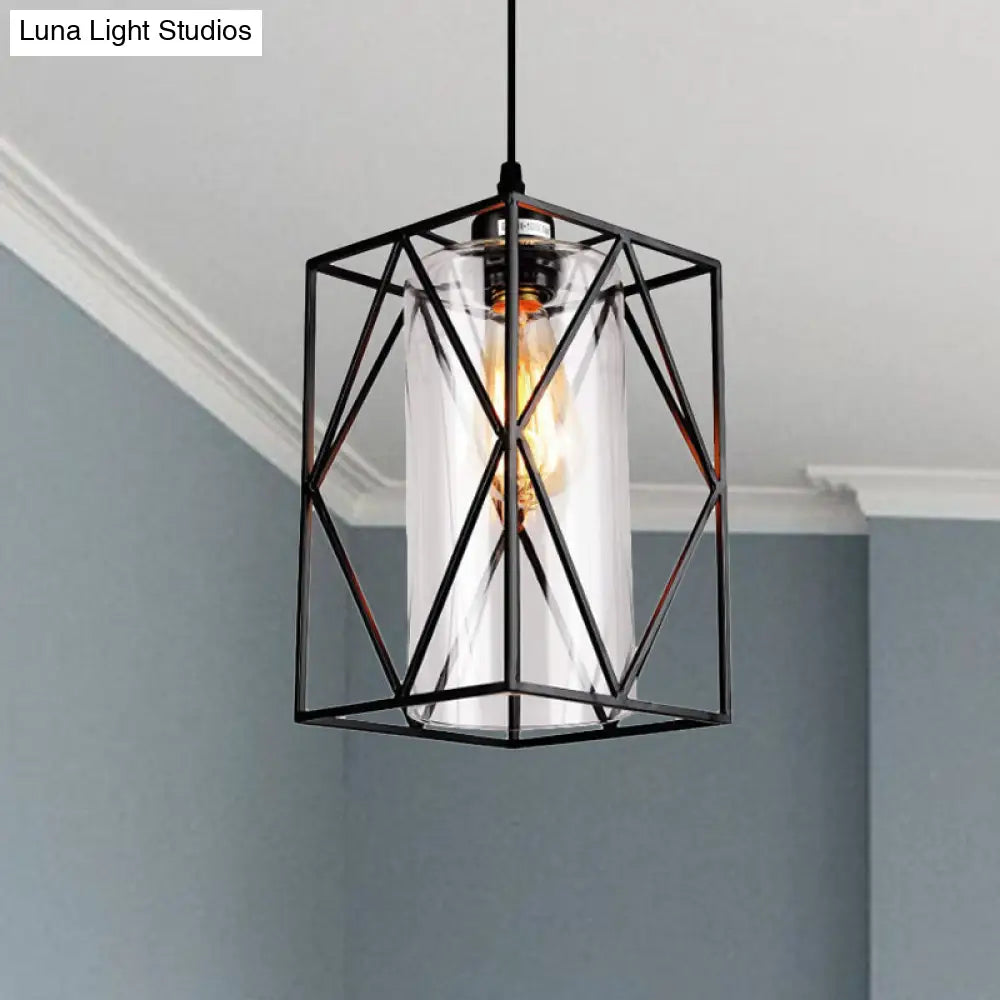 Farmhouse Pendant Ceiling Light: Black Cylinder With Clear Glass/Fabric Plug-In For Living Room