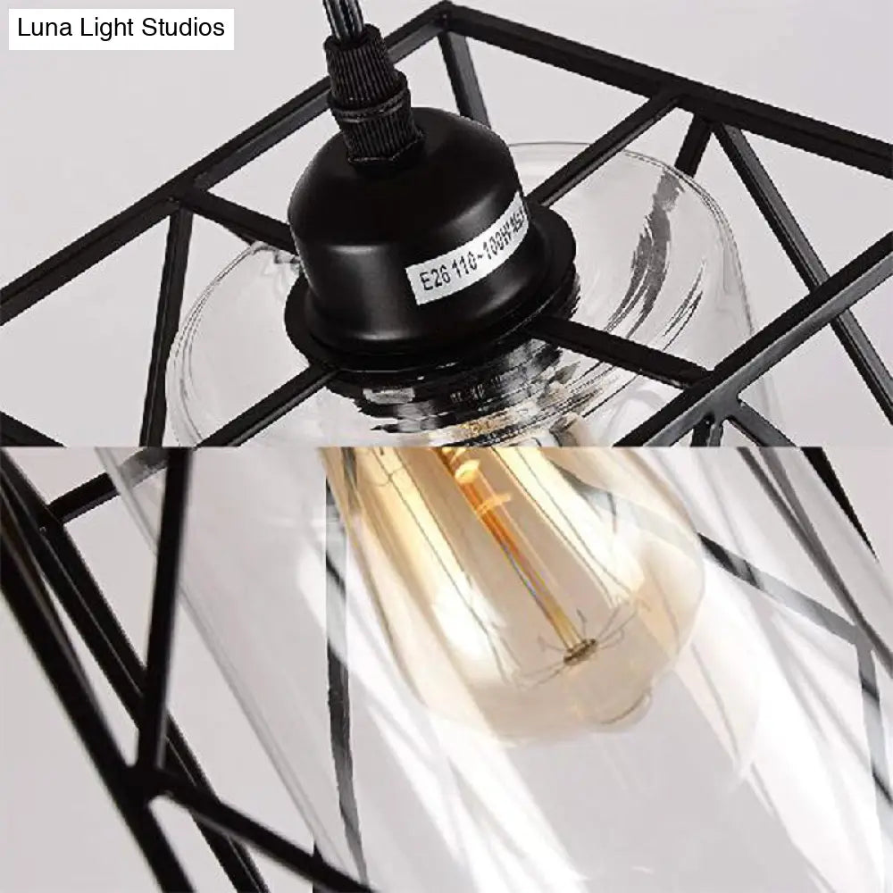 Farmhouse Pendant Ceiling Light: Black Cylinder With Clear Glass/Fabric Plug-In For Living Room