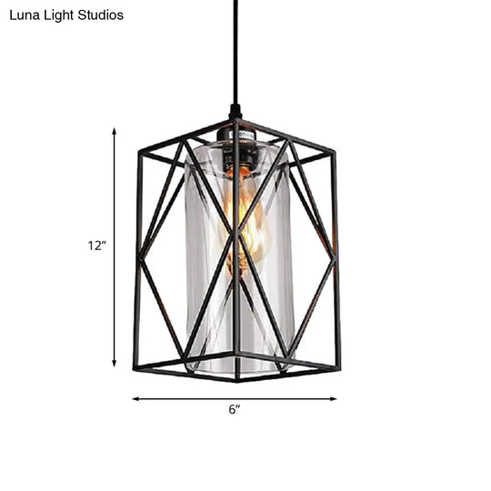 Farmhouse Pendant Ceiling Light: Black Cylinder With Clear Glass/Fabric Plug-In For Living Room