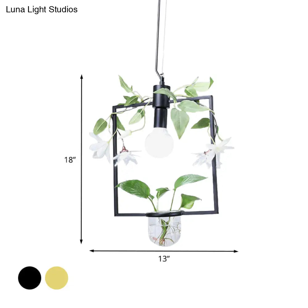 Farmhouse Pendant Lamp With Metal Frame In Black/Gold - Hanging Ceiling Light Plant Pot And Fake