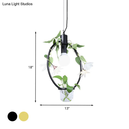 Farmhouse Pendant Lamp: 1-Light Triangle/Round/Square Metal Ceiling Light In Black/Gold With Plant
