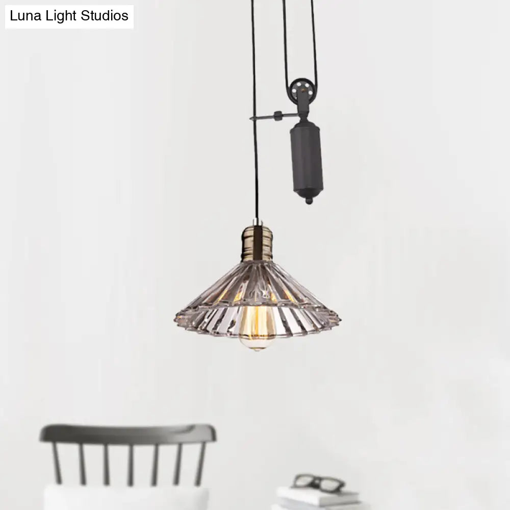 Farmhouse Pendant Light: Cone-Shaped Ribbed Glass Fixture In Bronze/Brass