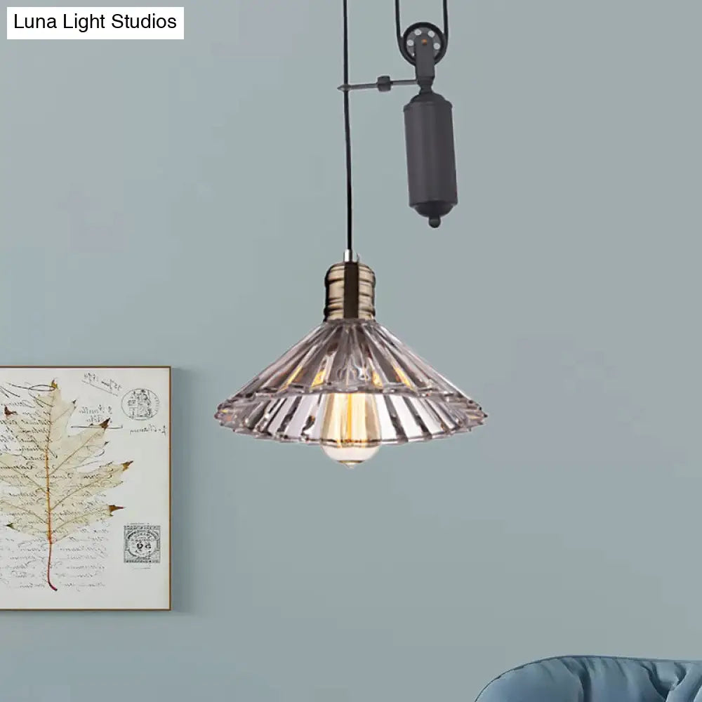 Farmhouse Pendant Light: Cone-Shaped Ribbed Glass Fixture In Bronze/Brass