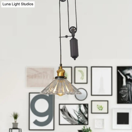 Farmhouse Pendant Light: Cone-Shaped Ribbed Glass Fixture In Bronze/Brass