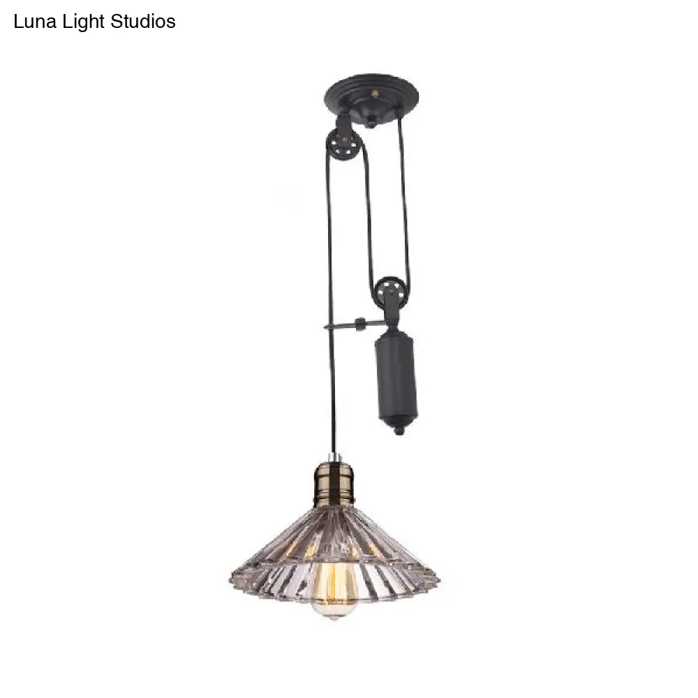 Farmhouse Pendant Light: Cone-Shaped Ribbed Glass Fixture In Bronze/Brass