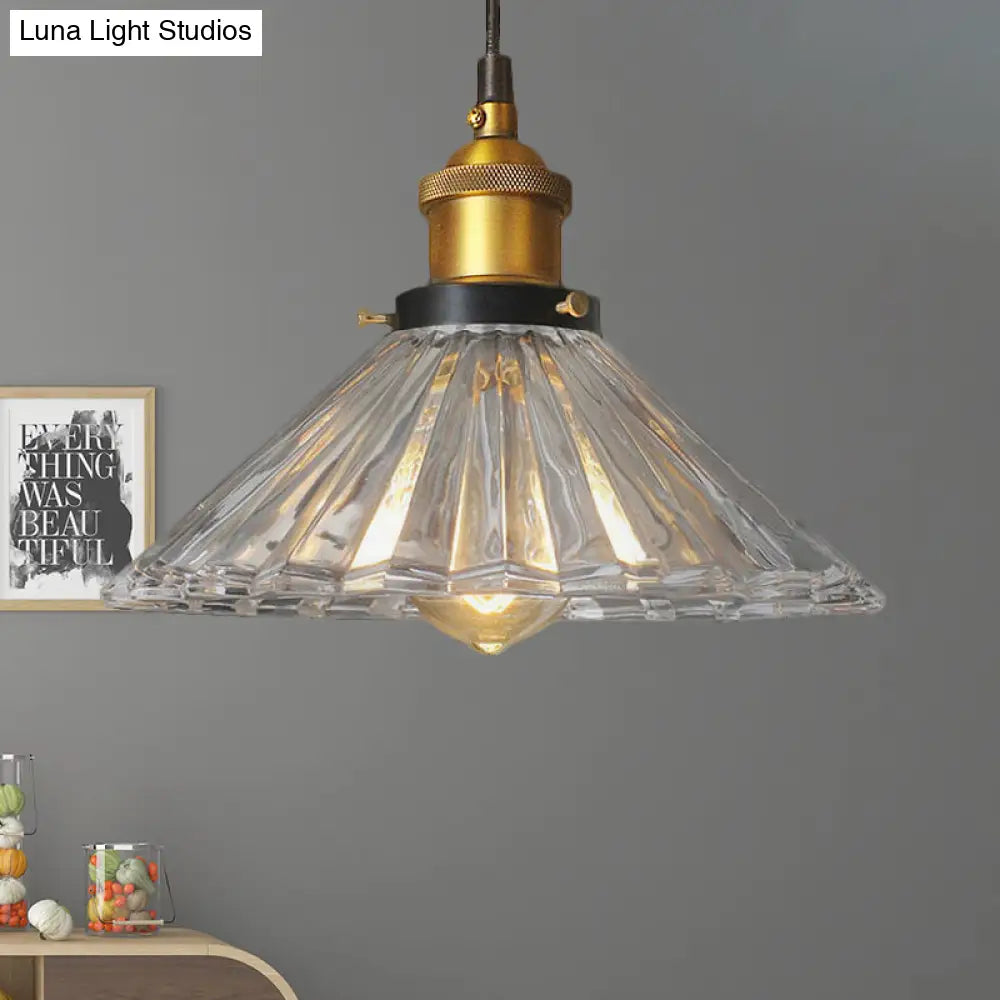 Farmhouse Pendant Light: Cone-Shaped Ribbed Glass Fixture In Bronze/Brass