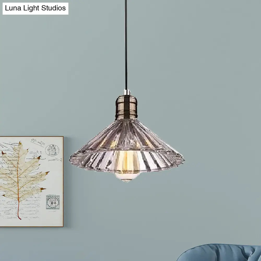 Farmhouse Pendant Light: Cone-Shaped Ribbed Glass Fixture In Bronze/Brass