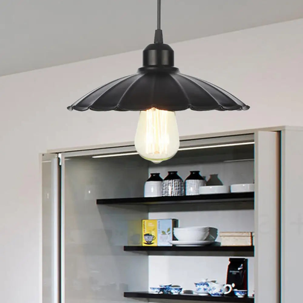 Farmhouse Pendant Light Fixture With Metal Shade - 1 Indoor Hanging In Black/White Black / Wavy