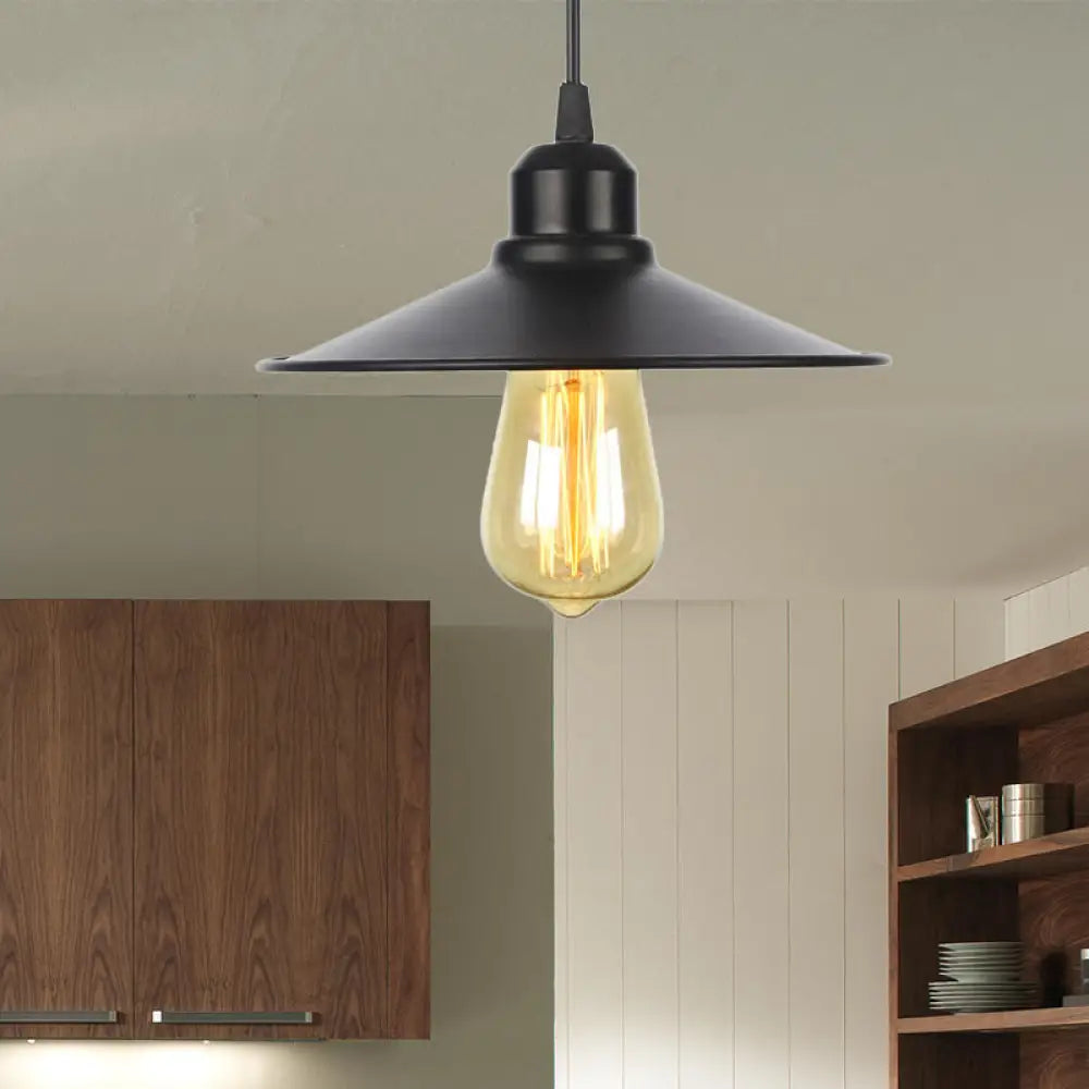 Farmhouse Pendant Light Fixture With Metal Shade - 1 Indoor Hanging In Black/White Black / Wide