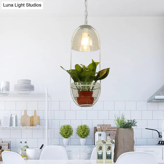 Farmhouse Pendant Lighting Fixture With Clear Glass Bowl And Oval Cage In White/Gold White