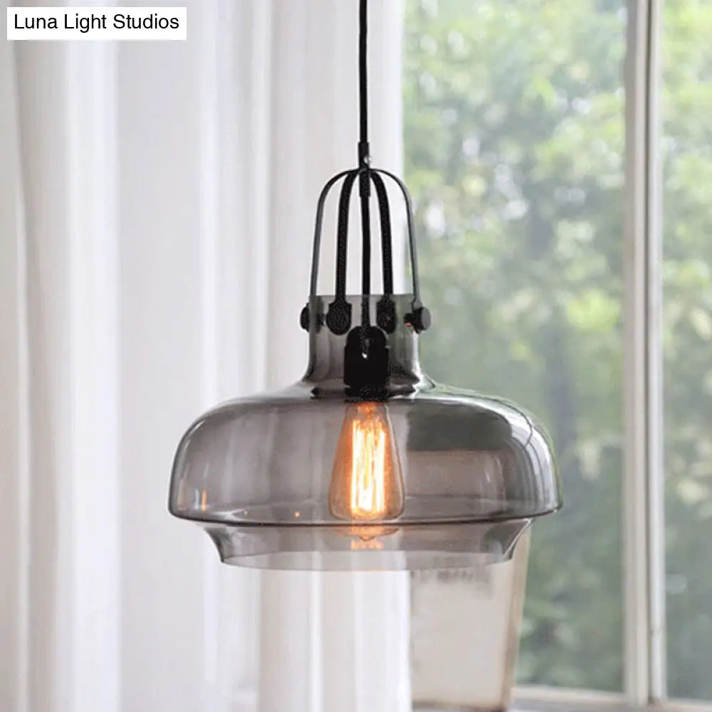 Farmhouse Pendant Light With Gripper In Black - Pot Smoke/Clear Glass 1 Head 3 Size Options