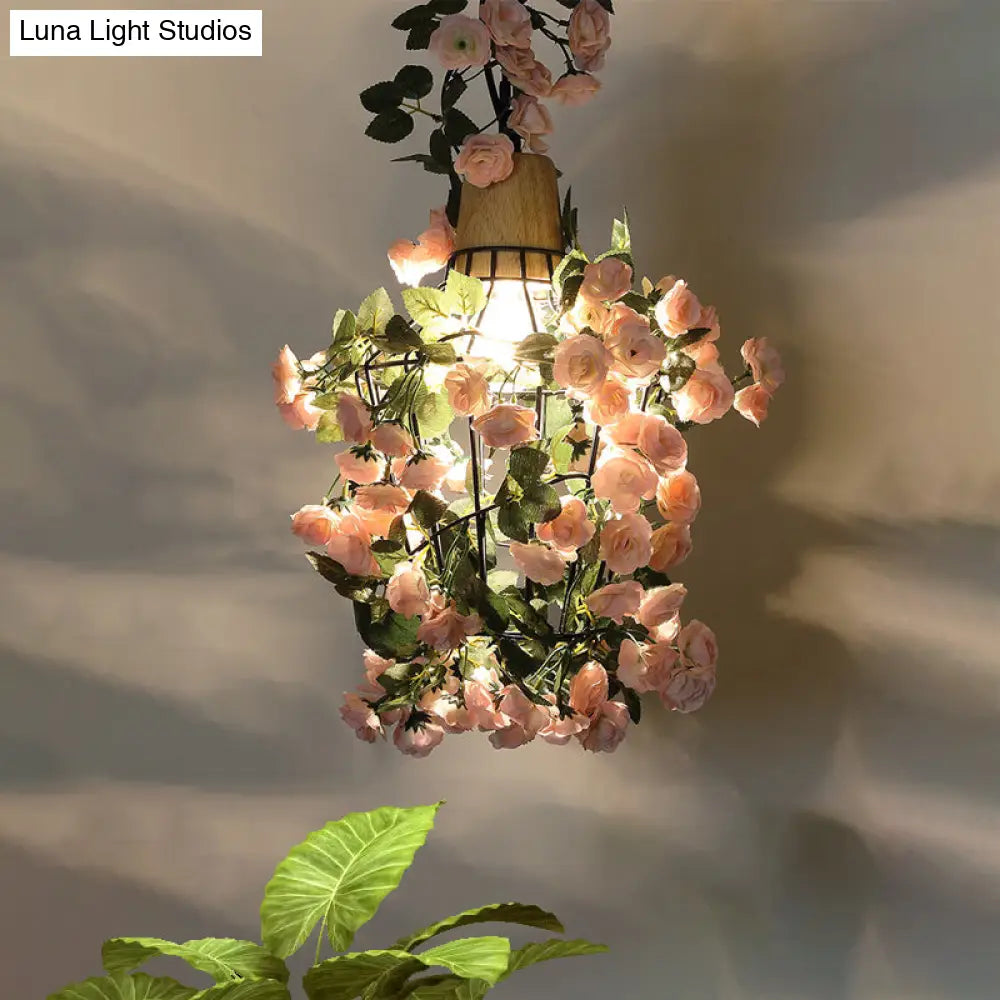 Farmhouse Iron Pendant Light With Wooden Cap In Black - 1-Light Flower Suspension Fixture
