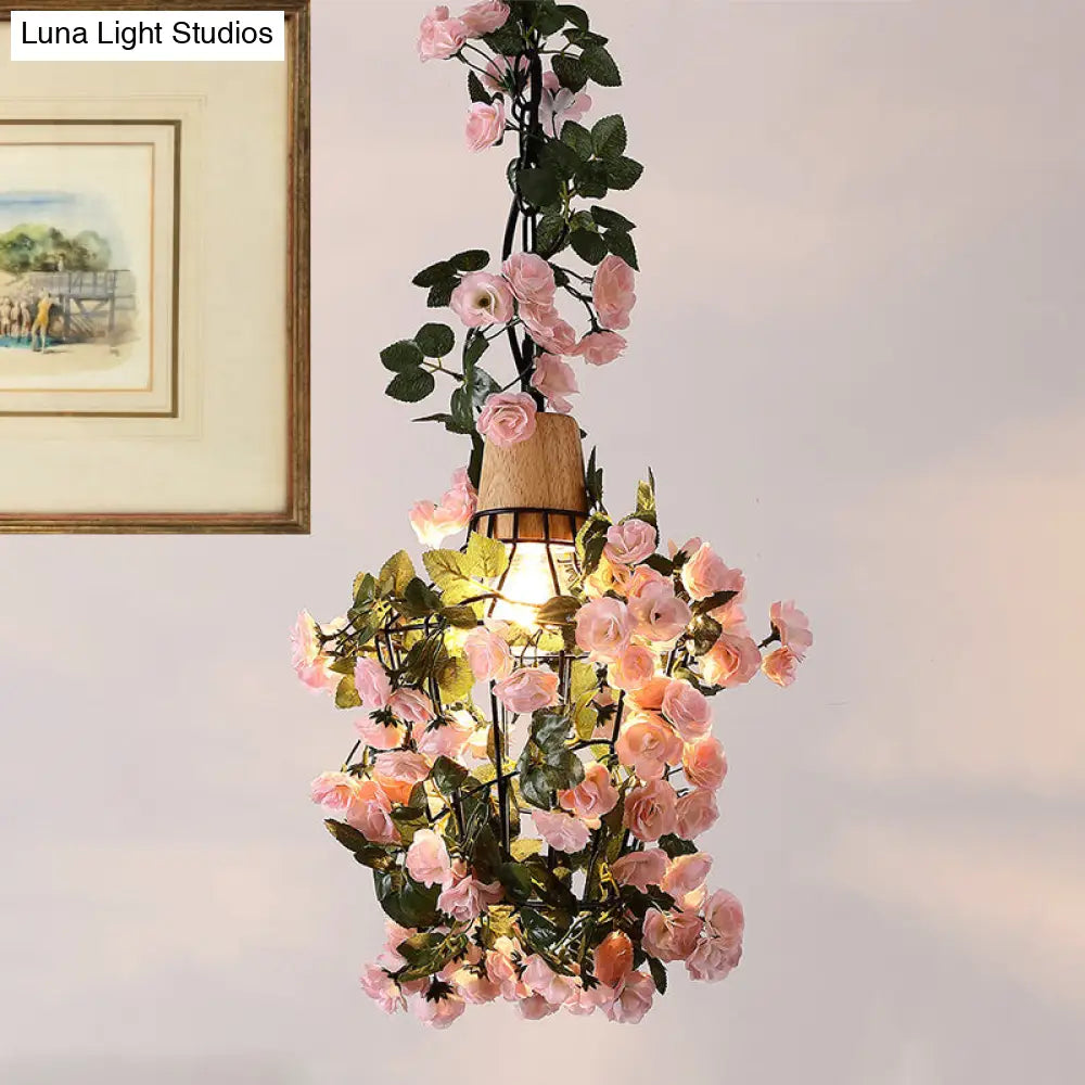 Farmhouse Iron Pendant Light With Wooden Cap In Black - 1-Light Flower Suspension Fixture / D