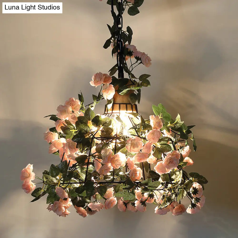 Farmhouse Iron Pendant Light With Wooden Cap In Black - 1-Light Flower Suspension Fixture / C