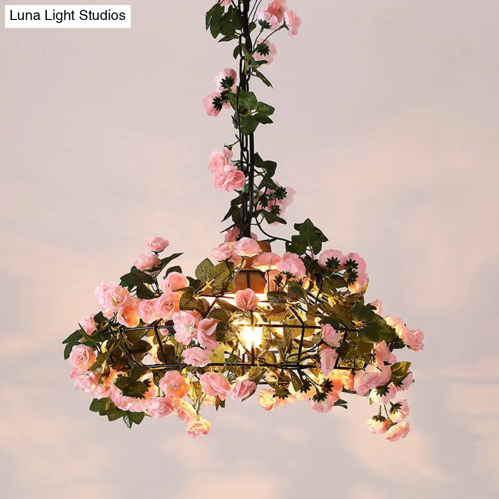 Farmhouse Iron Pendant Light With Wooden Cap In Black - 1-Light Flower Suspension Fixture