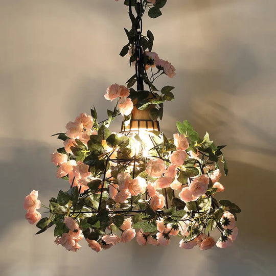 Farmhouse Pendant Light With Iron Flower Design And Wooden Cap In Black / C