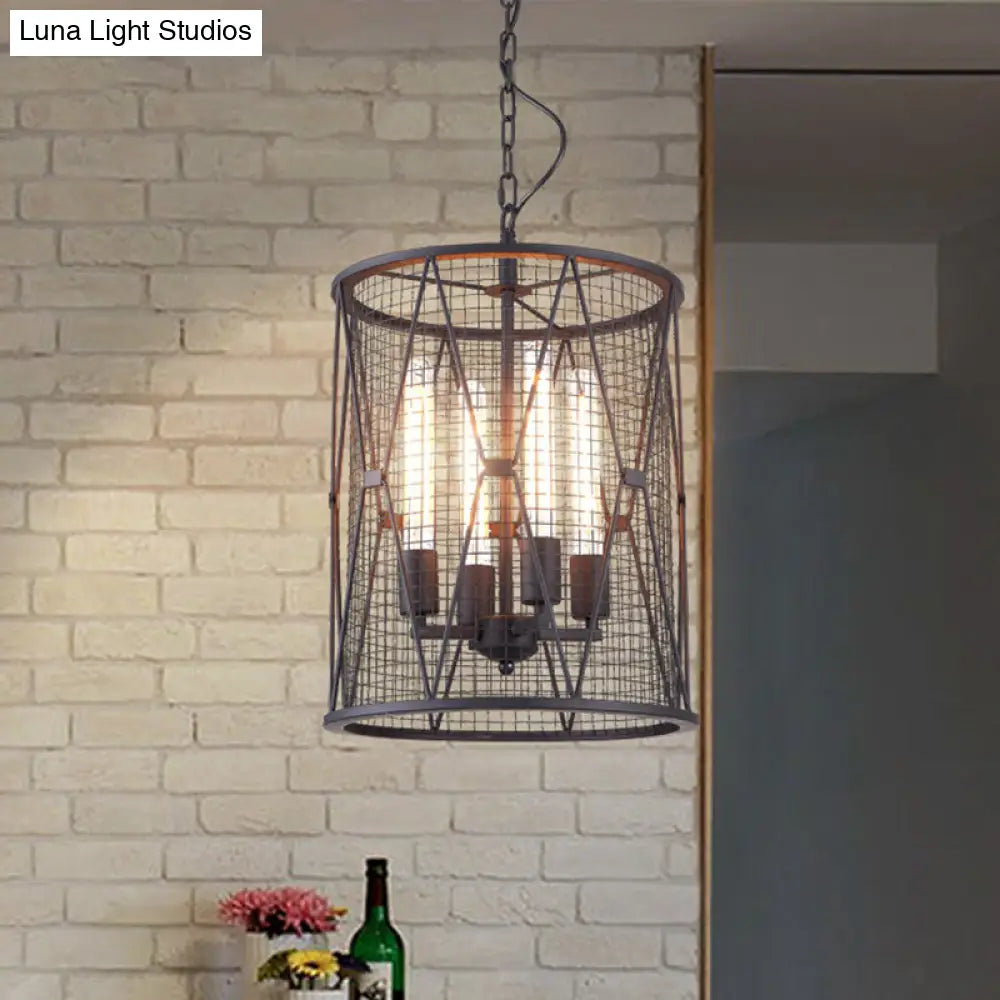 Farmhouse Mesh Cylinder Pendant Light With 4 Metal Shades And Black Finish