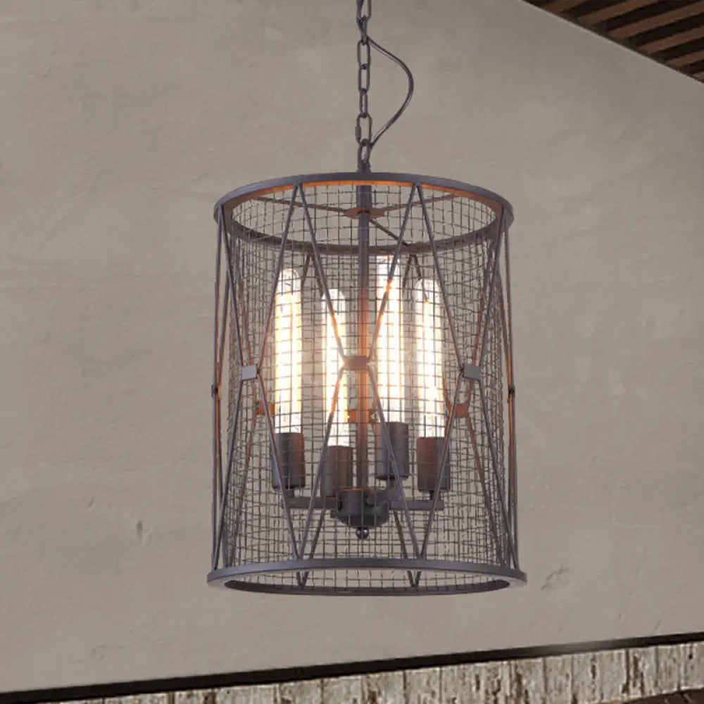 Farmhouse Pendant Light With Mesh Cylinder Metal Shade And 4 Bulbs - Black