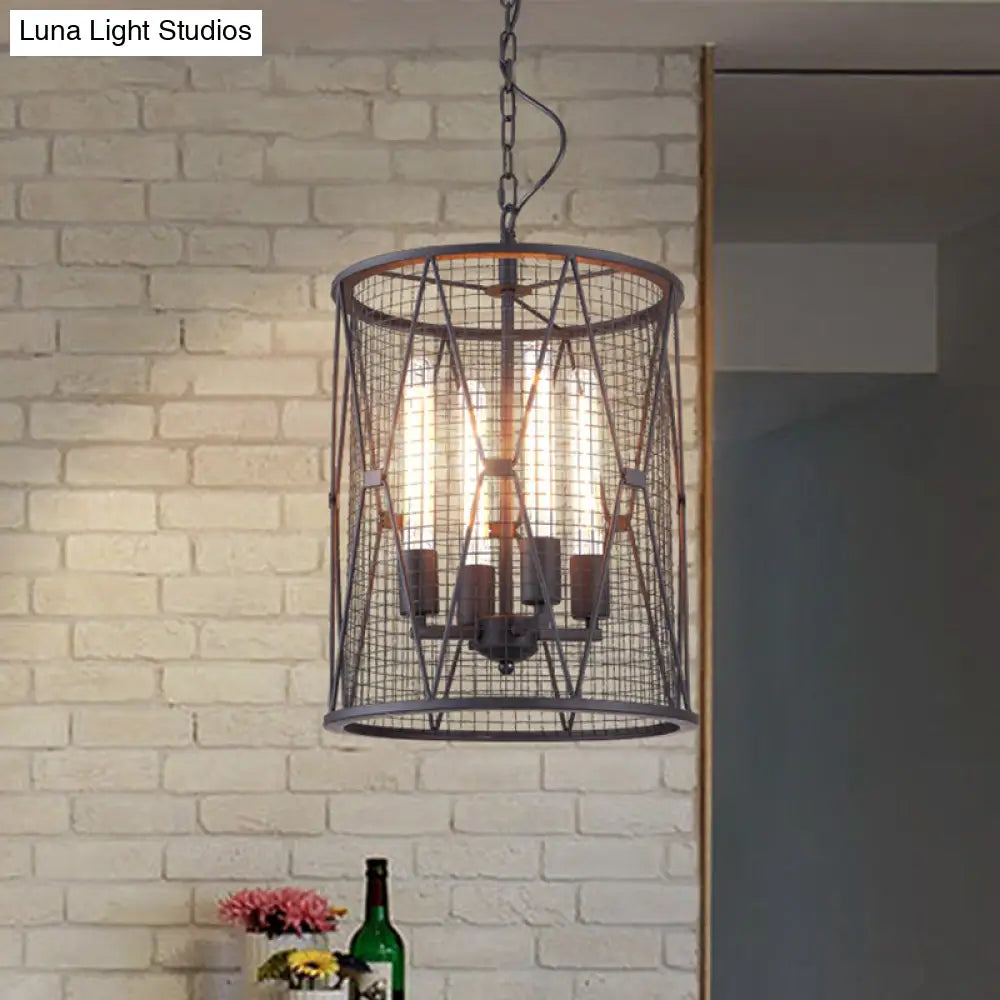 Farmhouse Pendant Light With Mesh Cylinder Metal Shade And 4 Bulbs - Black