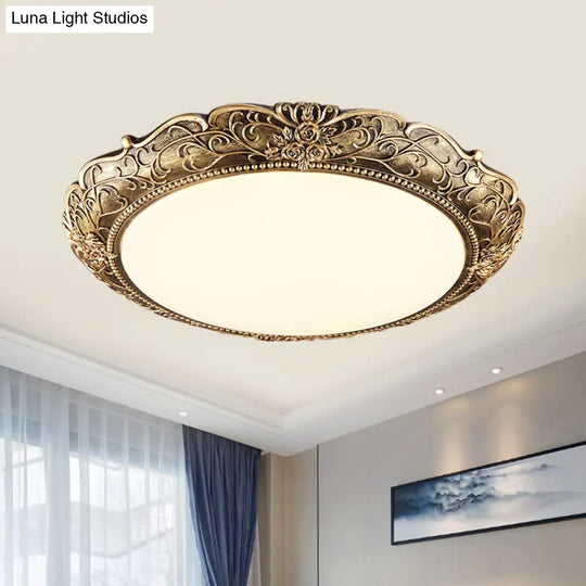 Farmhouse Resin Brass Led Flush Mounted Ceiling Light With Embossed Rose Trim 18.5/21 Diameter /