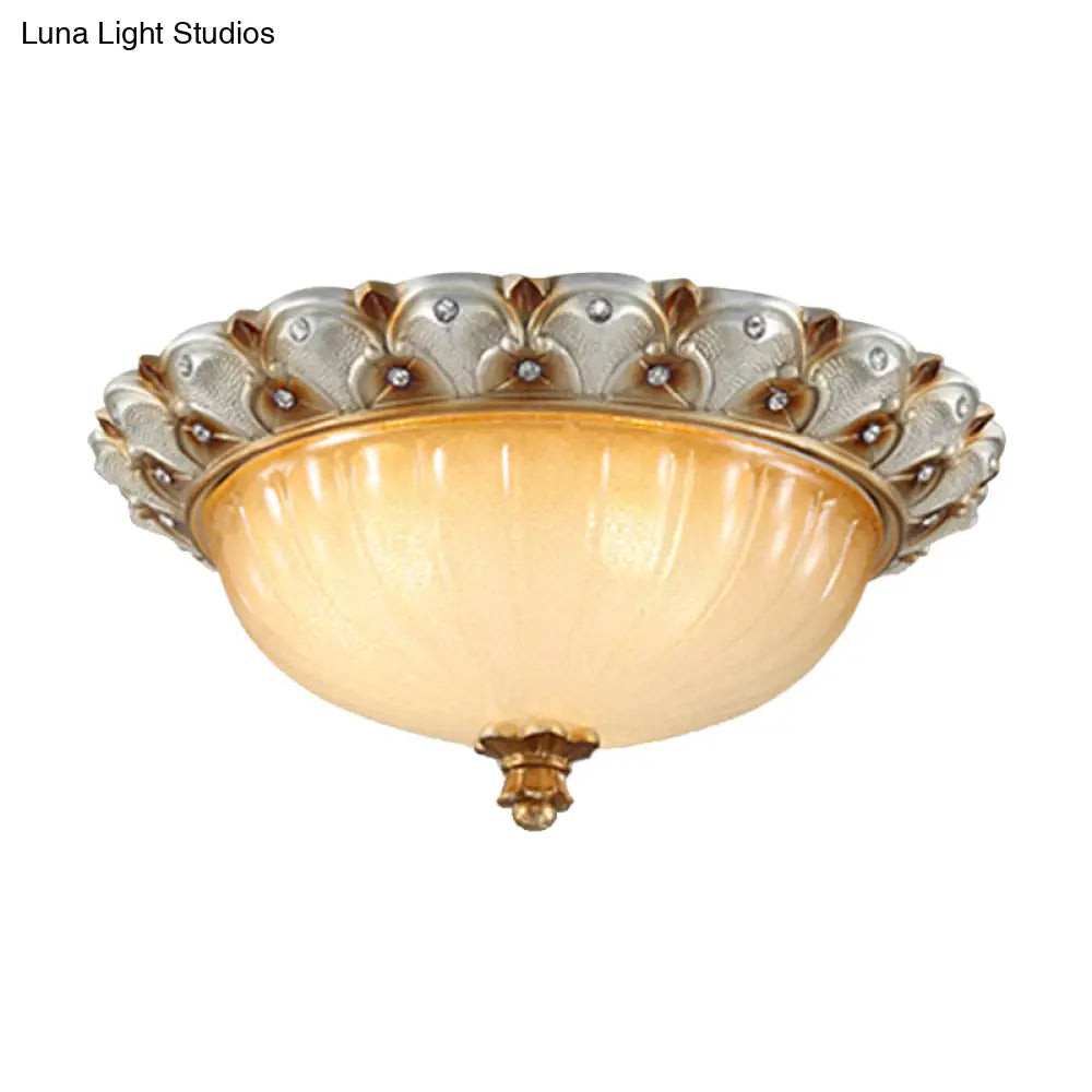 Farmhouse Ribbed Glass Ceiling Light: Domed Design 3 Bulbs Beige Flush Mount