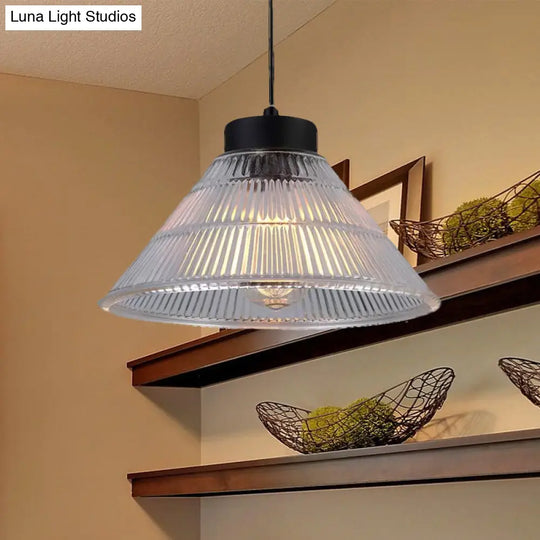 Farmhouse Ribbed Glass Cone Pendant Ceiling Light With Black/Brass Finish - Single-Bulb Hanging