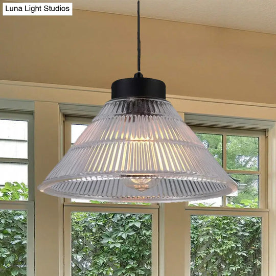 Farmhouse Ribbed Glass Cone Pendant Ceiling Light In Black/Brass Single-Bulb Hanging Lamp For Dining