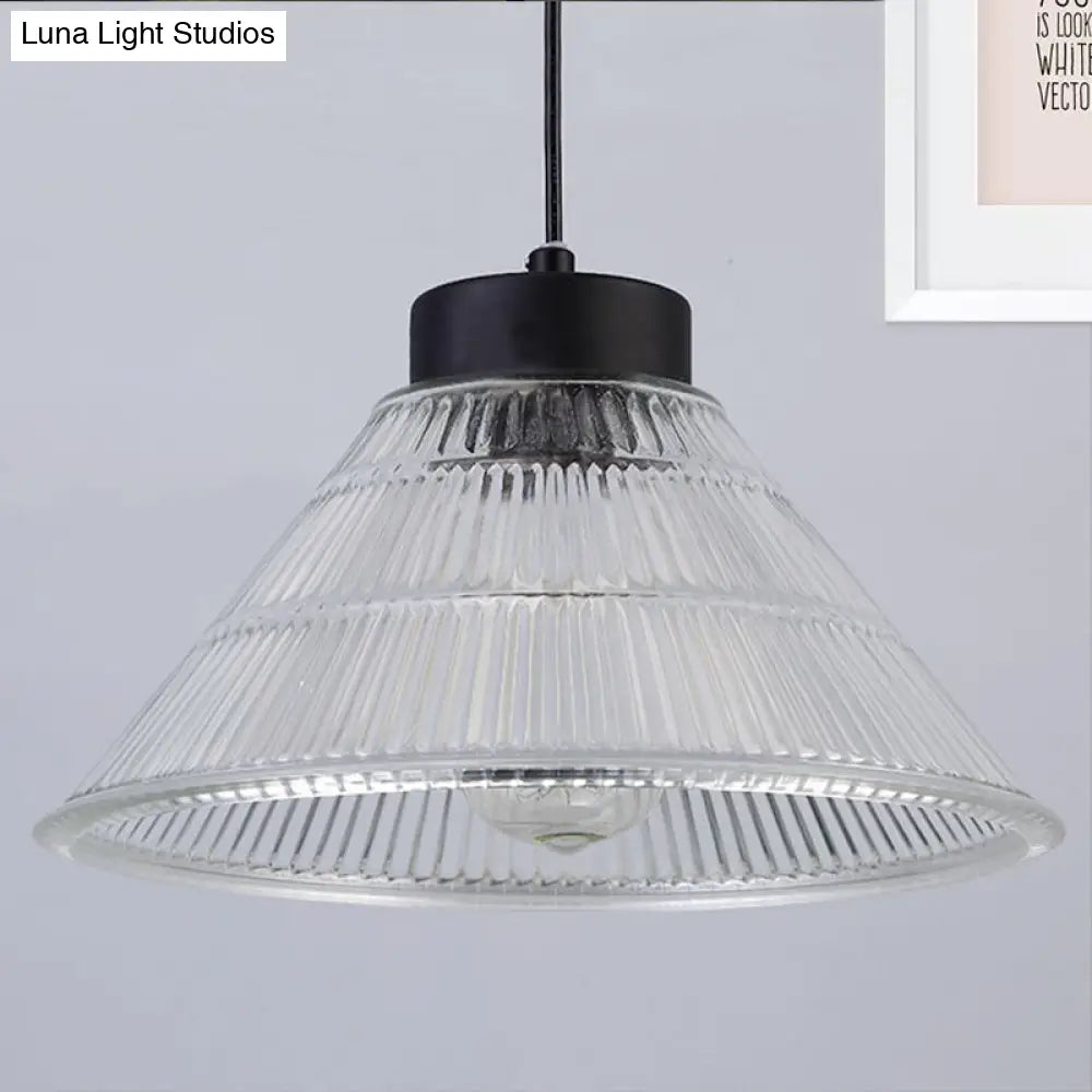 Farmhouse Ribbed Glass Cone Pendant Ceiling Light In Black/Brass Single-Bulb Hanging Lamp For Dining