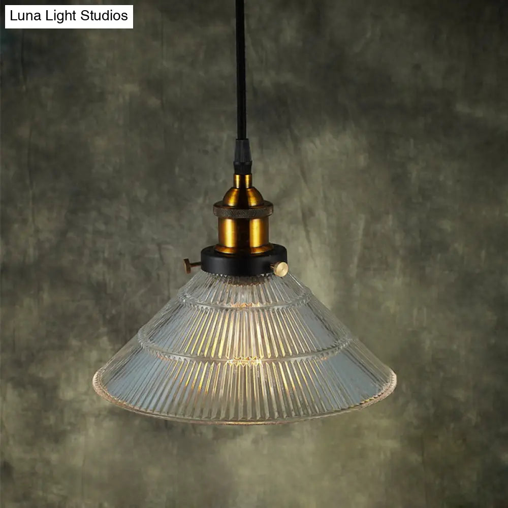 Farmhouse Ribbed Glass Cone Pendant Ceiling Light With Black/Brass Finish - Single-Bulb Hanging