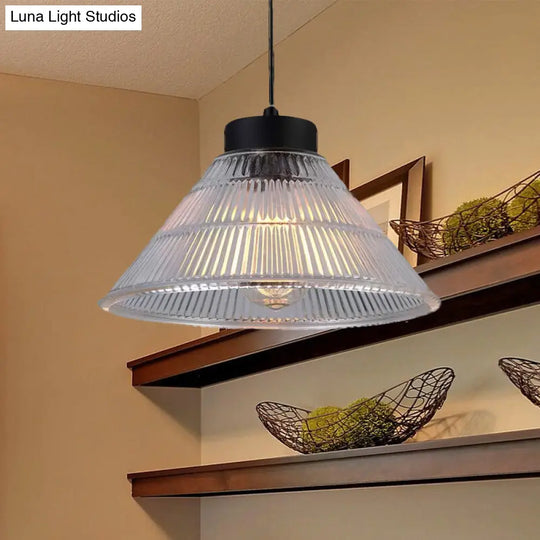 Farmhouse Ribbed Glass Cone Pendant Ceiling Light In Black/Brass Single-Bulb Hanging Lamp For Dining