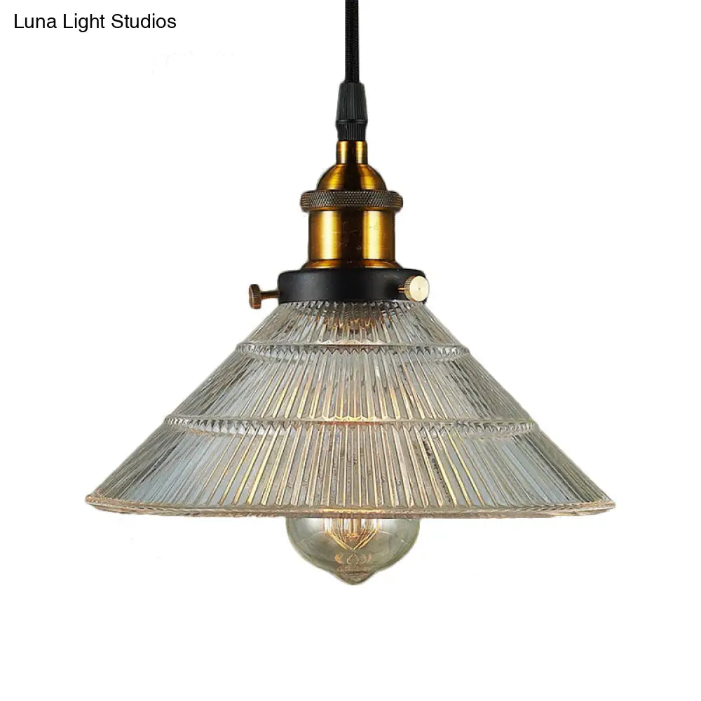 Farmhouse Ribbed Glass Cone Pendant Ceiling Light With Black/Brass Finish - Single-Bulb Hanging