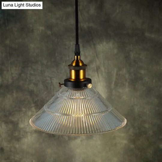 Farmhouse Ribbed Glass Cone Pendant Ceiling Light In Black/Brass Single-Bulb Hanging Lamp For Dining