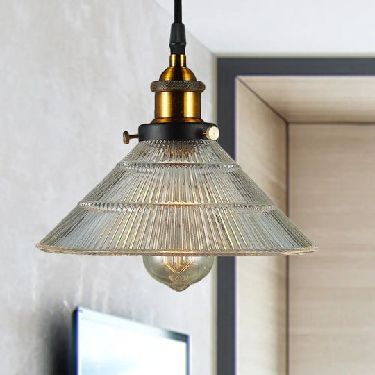 Farmhouse Ribbed Glass Cone Pendant Ceiling Light With Black/Brass Finish - Single-Bulb Hanging