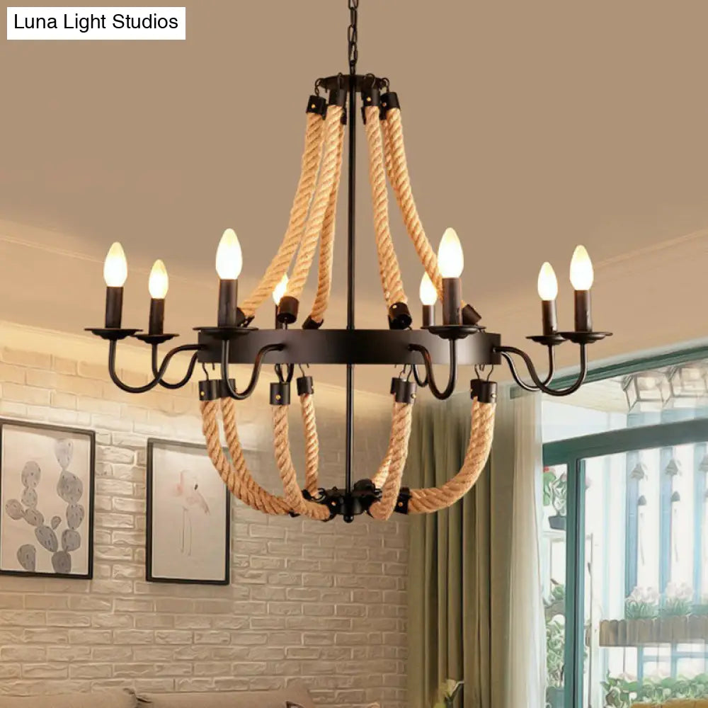 Farmhouse Rope Basket Chandelier - Brown 6/8 Bulbs Living Room Ceiling Pendant