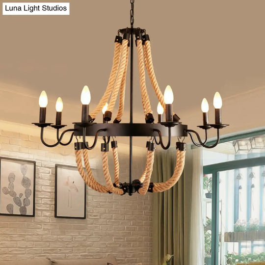 Farmhouse Rope Basket Chandelier - Brown 6/8 Bulbs Living Room Ceiling Pendant