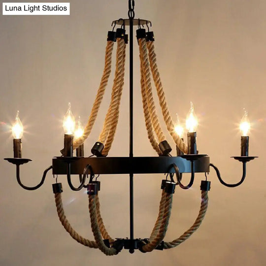 Farmhouse Rope Basket Chandelier - Brown 6/8 Bulbs Living Room Ceiling Pendant