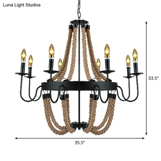 Farmhouse Rope Basket Chandelier - Brown 6/8 Bulbs Living Room Ceiling Pendant