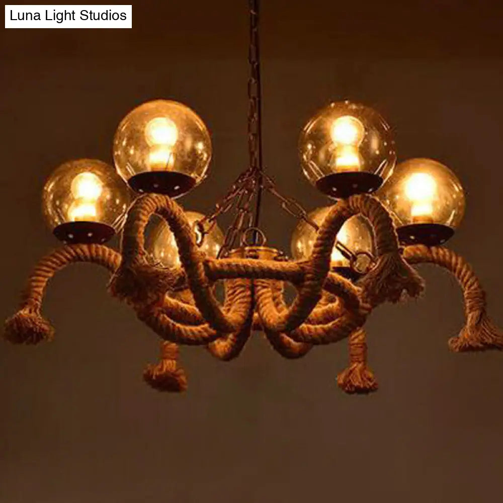 6-Head Hanging Chandelier: Farmhouse Dining Room Pendant Lamp With Smokey Glass Shade & Beige Rope