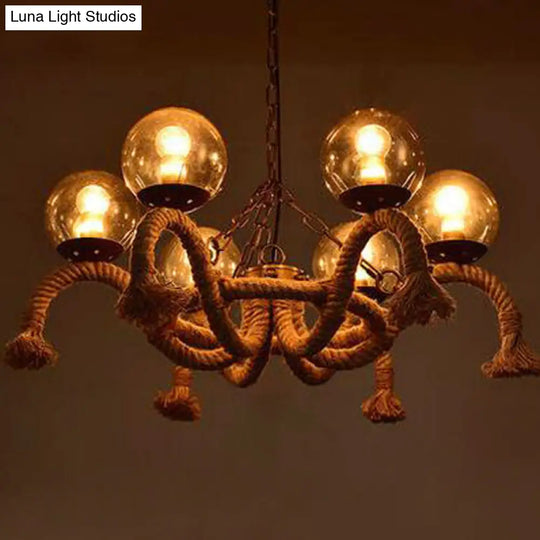 Farmhouse Rope Chandelier With 6 Smokey Glass Shades - Ideal For Dining Rooms