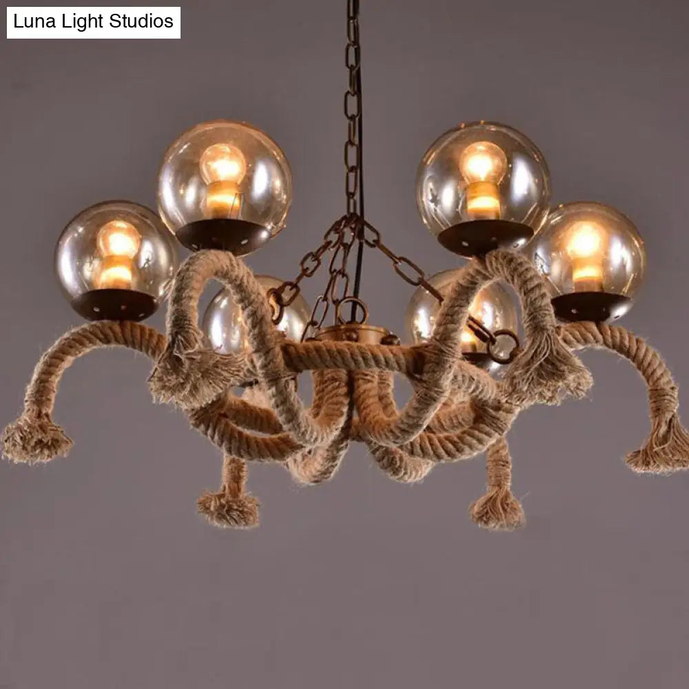 6-Head Hanging Chandelier: Farmhouse Dining Room Pendant Lamp With Smokey Glass Shade & Beige Rope
