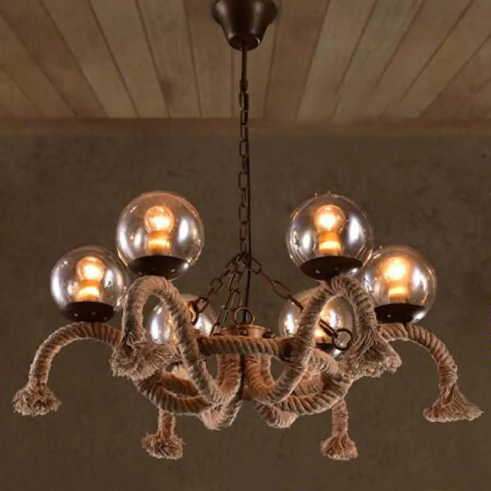 Farmhouse Rope Chandelier With 6 Smokey Glass Shades - Ideal For Dining Rooms Beige